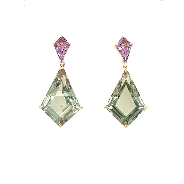 18k Yellow Gold Fancy Cut Amethyst and Green Quartz Earrings