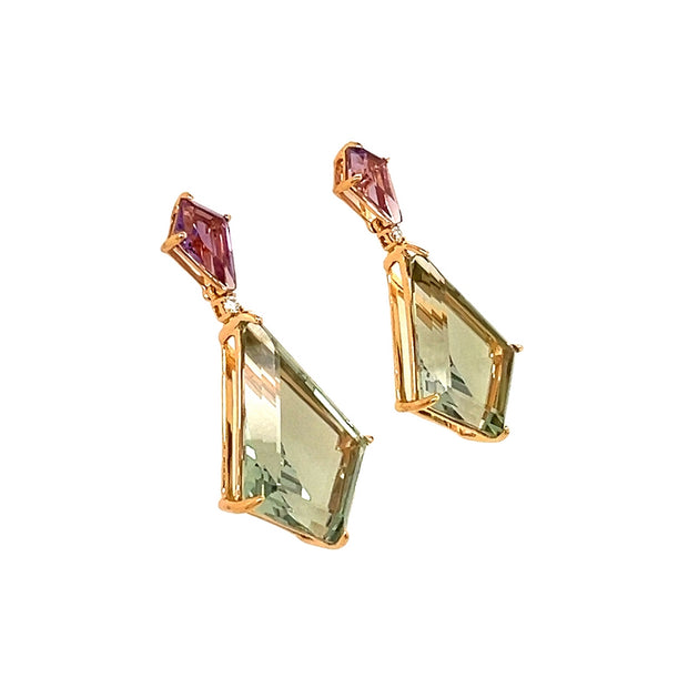 18k Yellow Gold Fancy Cut Amethyst and Green Quartz Earrings