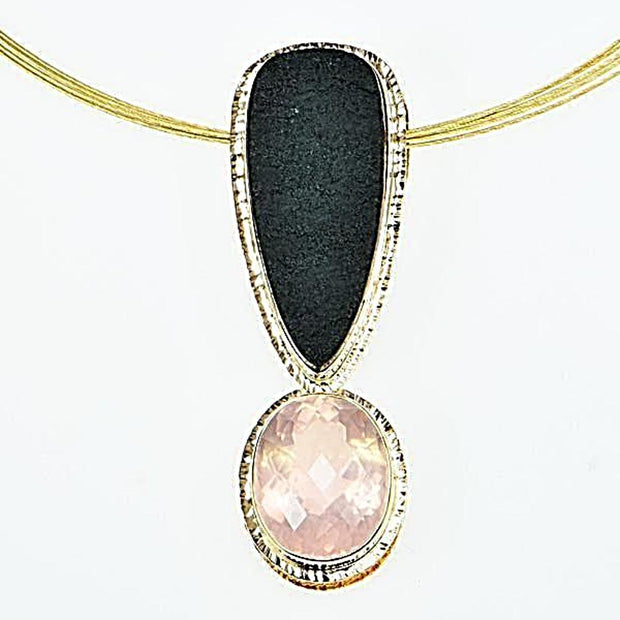 Michael Baksa 14K Gold Large Rose Quartz and Black Jade Pendant