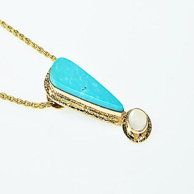 Michael Baksa 14K Gold Kingman Turquoise and Ceylon Moonstone Pendant