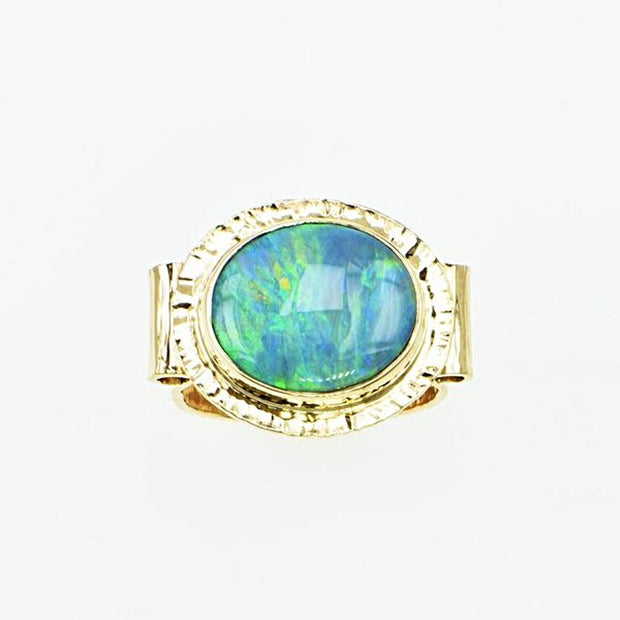 Michael Baksa 14k Gold Semi Black Gem Quality Opal Ring