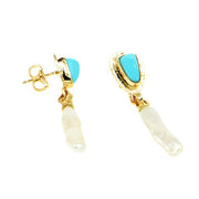 Michael Baksa Sleeping Beauty Turquoise and Pearl 14K Gold Earrings