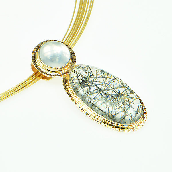 Michael Baksa Tourmaline in Quartz and Moonstone 14K Gold Pendant