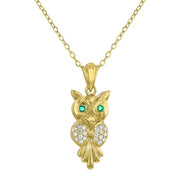 14k Yellow Gold Diamond and Emerald Owl Pendant
