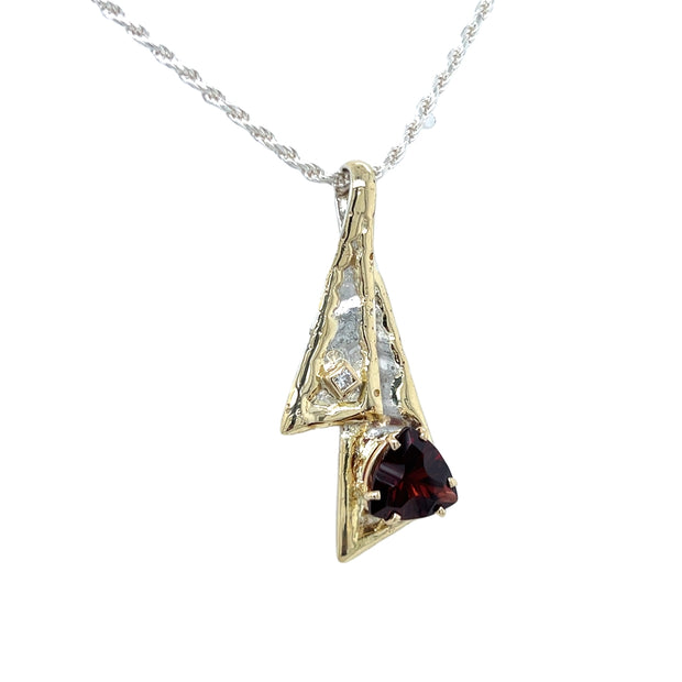 Sterling Silver and 14k Garnet and Diamond Ribbon Pendant