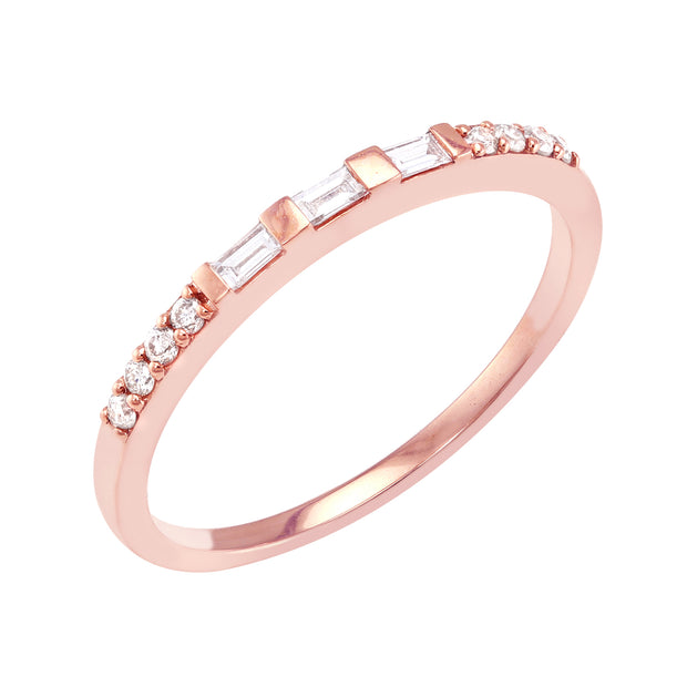 14K Gold Baguette and Round Diamond Dainty Rings