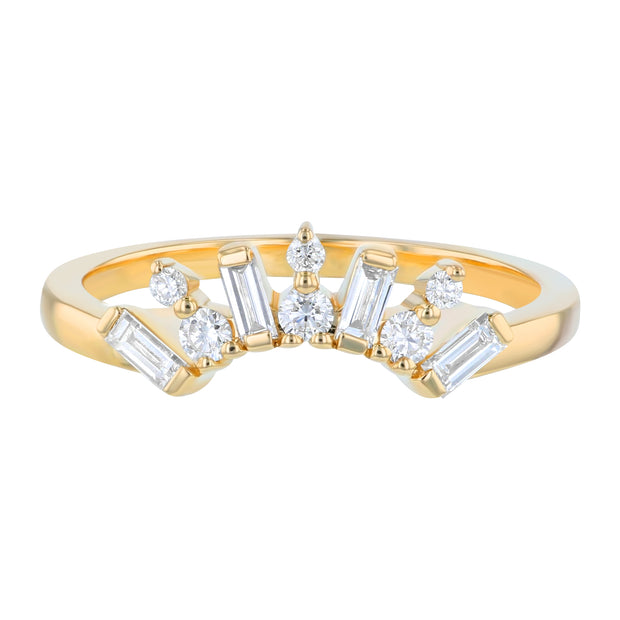 14k Yellow Gold Baguette and Round Diamond Crown Ring