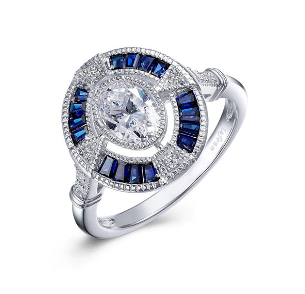 Lafonn Vintage Inspired Lassaire Diamond and Blue Sapphire Art Deco Engagement Ring