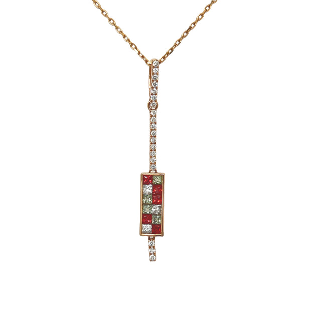 Green and Red Sapphire Necklace in 14K Rose Gold with Diamonds