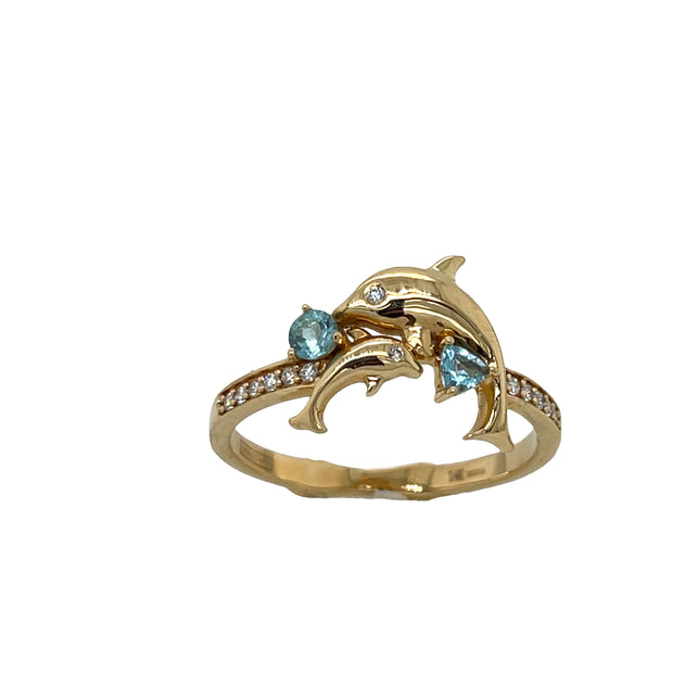 Yellow Gold Dolphin Ring with Bluish-Green Aquamarine