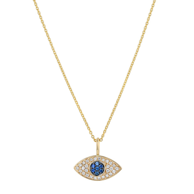 14k Yellow Gold Diamond and Blue Sapphire Evil Eye Pendant