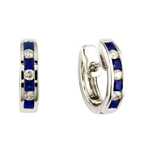 18K White Gold Blue Sapphire and Diamond Huggie Hoop Earrings