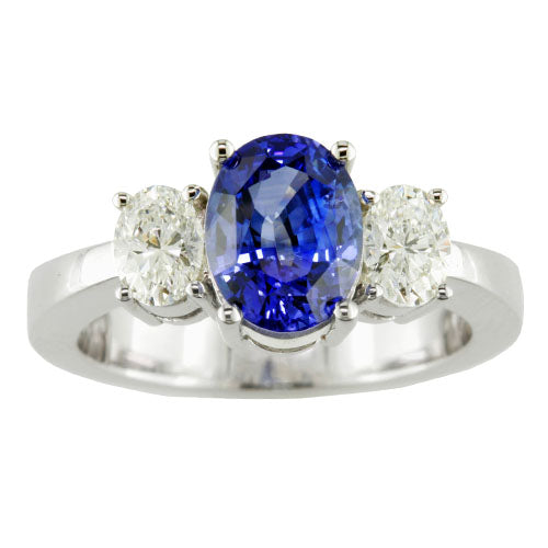 18k White Gold Blue Sapphire and Diamond 3-Stone Ring