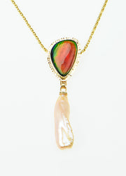 Michael Baksa 14K Ammolite and Apricot Freshwater Pearl Pendant