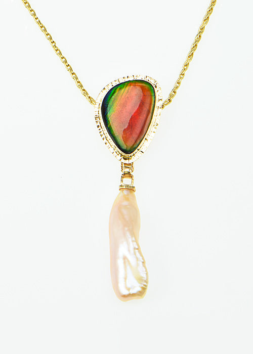 Michael Baksa 14K Ammolite and Apricot Freshwater Pearl Pendant