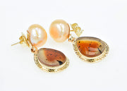 14KY Apricot Slice Cabochon and Pearl Earrings by Michael Baksa