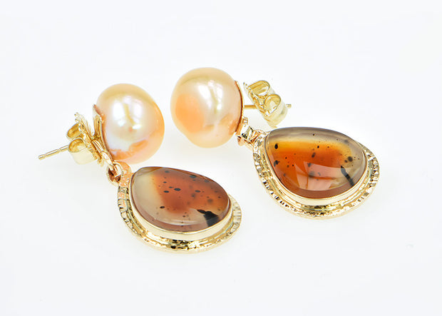 14KY Apricot Slice Cabochon and Pearl Earrings by Michael Baksa