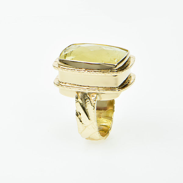 Michael Baksa Large Lemon Citrine 14K Gold Hammered Ring