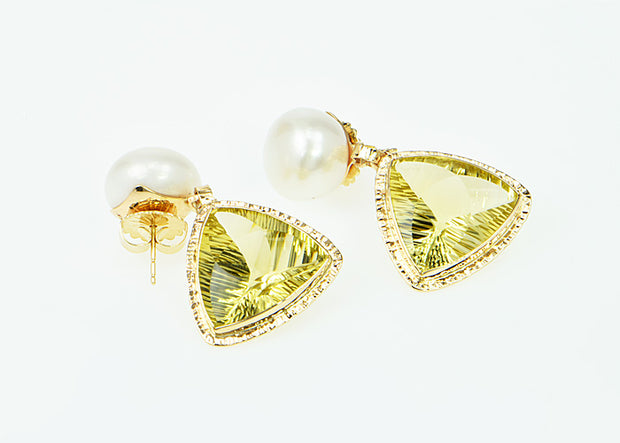 14KY Lemon Citrine and Pearl Drop Earrings by Michael Baksa