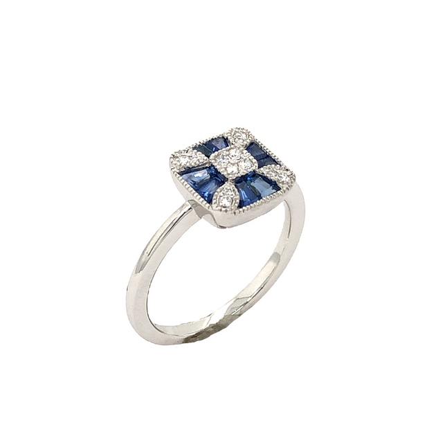 14k White Gold Vintage Style Blue Sapphire and Diamond Ring