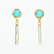 Michael Baksa 14k Yellow Gold Persian Turquoise and Stick Pearl Earrings - Aatlo Jewelry Gallery