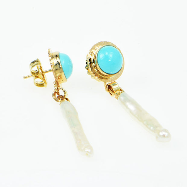 Michael Baksa 14k Yellow Gold Persian Turquoise and Stick Pearl Earrings - Aatlo Jewelry Gallery