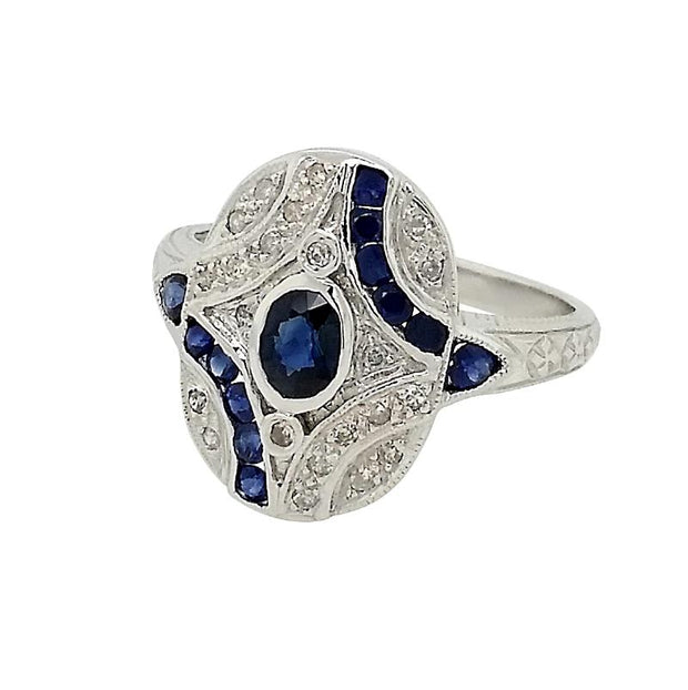 14k White Gold Art Deco Inspired Blue Sapphire & White Diamond Ring - Aatlo Jewelry Gallery