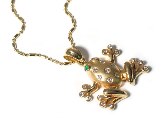 14k Yellow Gold Diamond and Emerald Frog Pendant - Aatlo Jewelry Gallery
