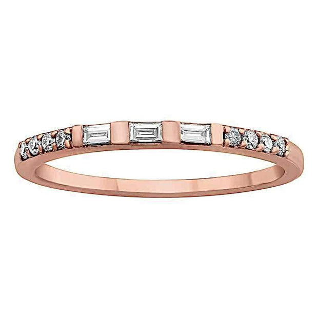 14K Gold Baguette and Round Diamond Dainty Ring - Rose Gold