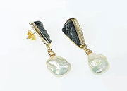 Michael Baksa 14k Yellow Gold Black Druzy and Free Form Freshwater Pearls Drop Earrings - Aatlo Jewelry Gallery