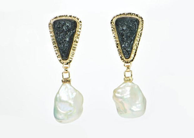 Michael Baksa 14k Yellow Gold Black Druzy and Free Form Freshwater Pearls Drop Earrings - Aatlo Jewelry Gallery