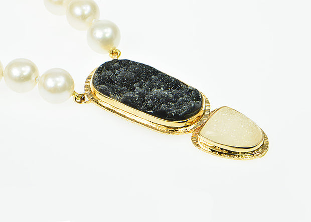 Michael Baksa 14k Yellow Gold Black and White Druzy Pearl Necklace - Aatlo Jewelry Gallery