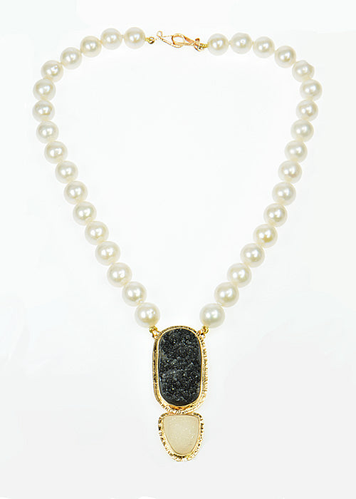 Michael Baksa 14k Yellow Gold Black and White Druzy Pearl Necklace - Aatlo Jewelry Gallery