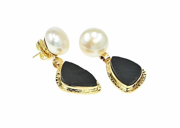 Michael Baksa 14k Yellow Gold Black Jade and Freshwater Pearl Drop Earrings - Aatlo Jewelry Gallery