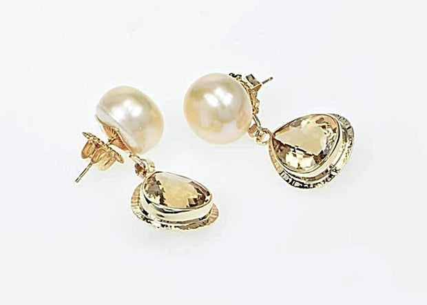 Michael Baksa 14k Yellow Gold Champagne Citrine and Freshwater Pearl Drop Earrings - Aatlo Jewelry Gallery