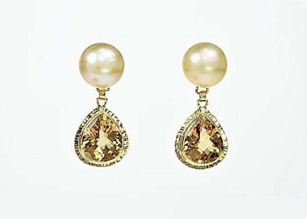 Michael Baksa 14k Yellow Gold Champagne Citrine and Freshwater Pearl Drop Earrings - Aatlo Jewelry Gallery