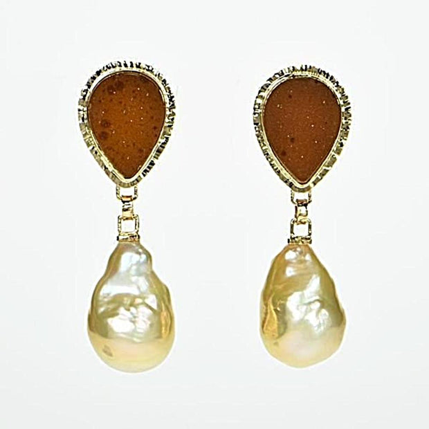 Michael Baksa 14K Gold Apricot Druzy Quartz and Golden Pearl Earrings - Aatlo Jewelry Gallery