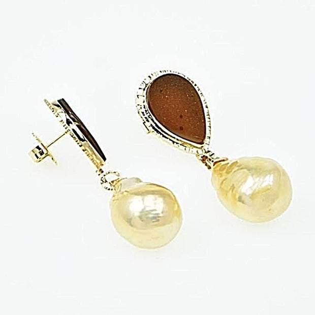 Michael Baksa 14K Gold Apricot Druzy Quartz and Golden Pearl Earrings - Aatlo Jewelry Gallery