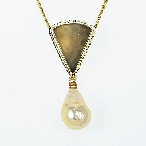 Michael Baksa 14k Yellow Gold Druzy Fossil Coral and Freshwater Pearl Pendant - Aatlo Jewelry Gallery