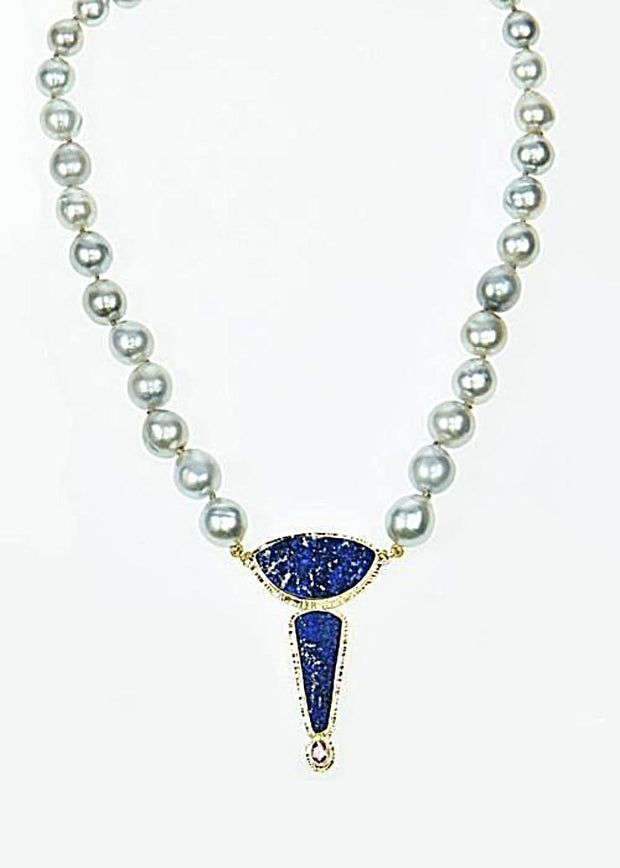 Michael Baksa 14k Yellow Gold Blue Lapis and Blue Grey South Sea Pearl Necklace - Aatlo Jewelry Gallery