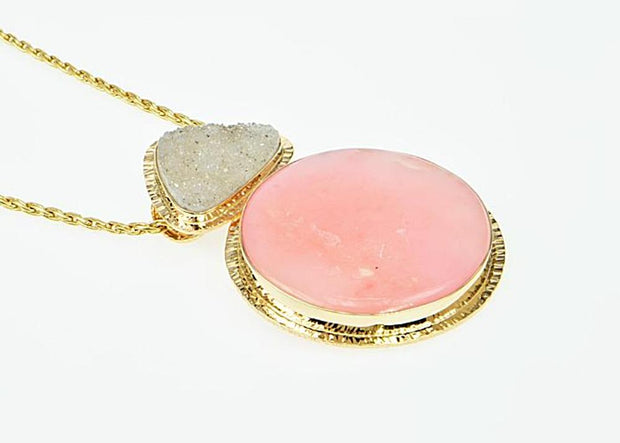 Michael Baksa Rare Pink Peruvian Opal and Grey Druzy 14K Gold Pendant - Aatlo Jewelry Gallery