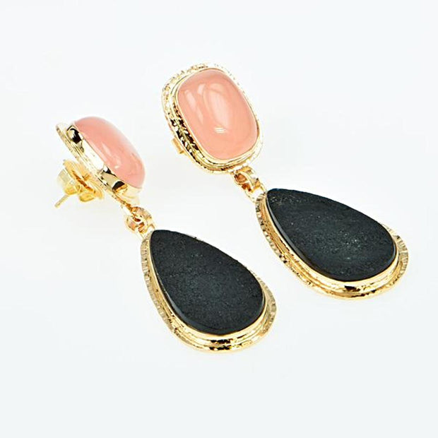 Michael Baksa Rose Chalcedony and Black Jade 14K Gold Drop Earrings - Aatlo Jewelry Gallery