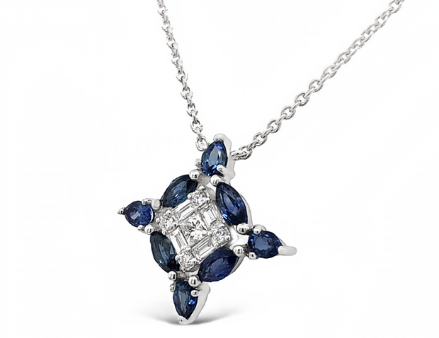 14k White Gold Blue Sapphire & Diamond Pendant