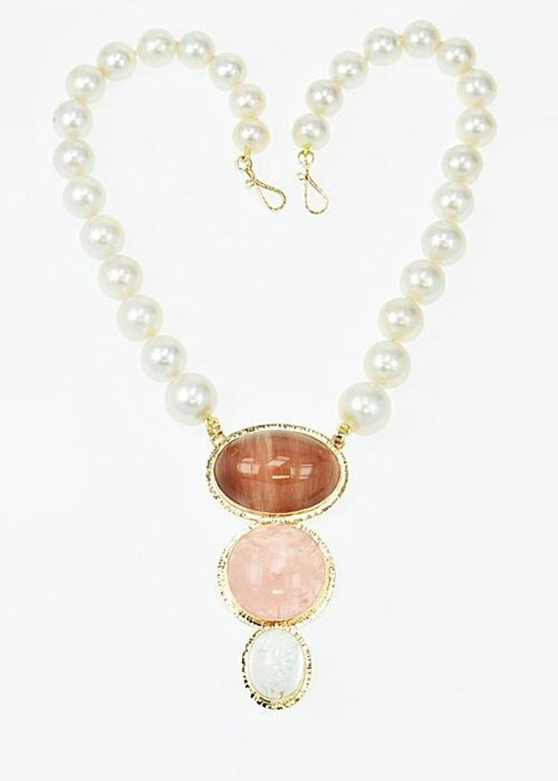 Michael Baksa Rutilated Quartz and Rose Quartz, White Topaz and Pearls 14K Gold Necklace - Aatlo Jewelry Gallery
