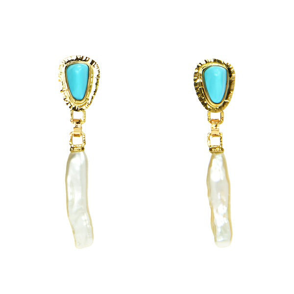 Michael Baksa Sleeping Beauty Turquoise and Pearl 14K Gold Earrings