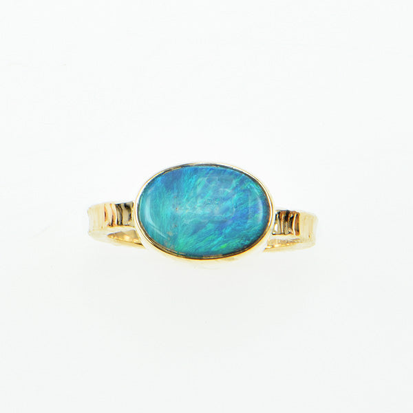 Michael Baksa Semi Black Opal with Green Blue Color Flashes, 14K Gold Ring - Aatlo Jewelry Gallery